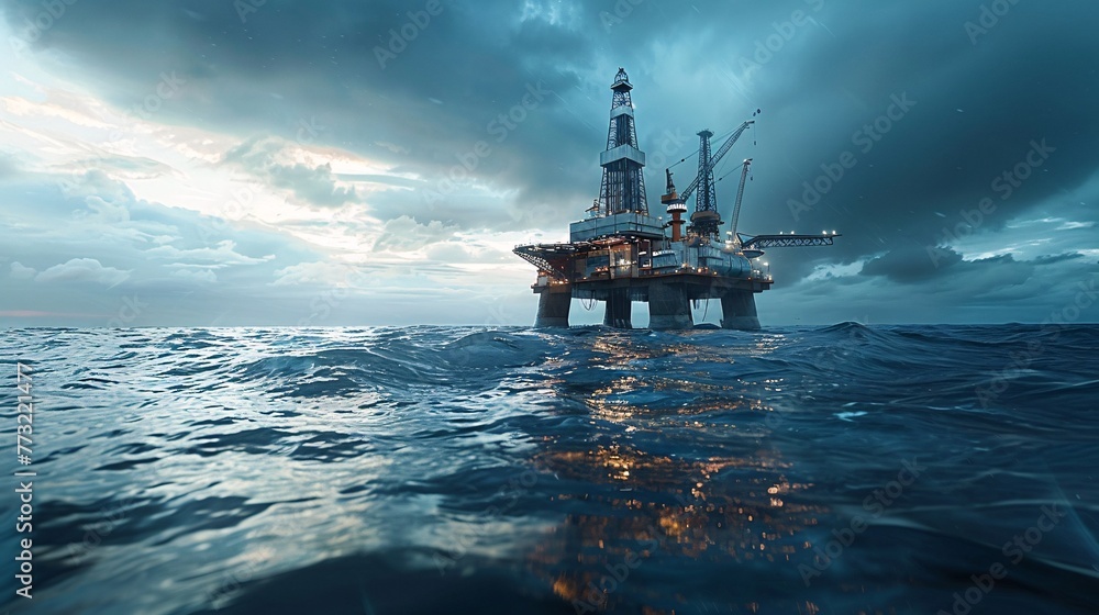 Naval architecture shines as an oil rig floats in the vast ocean, surrounded by sky and water, an engineering marvel amidst fluidity.