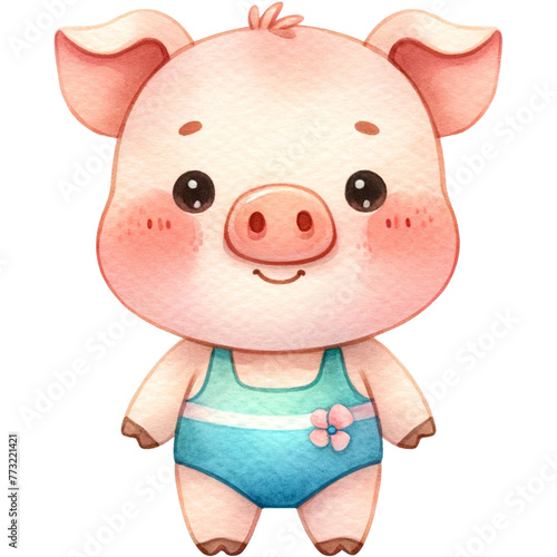 cute summer funny pig  watercolor cute pig pig at the beach beach activities summer pig summer season.