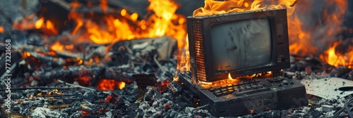 Aged computer succumbing to flames, the cost of relentless, long-term operation photo