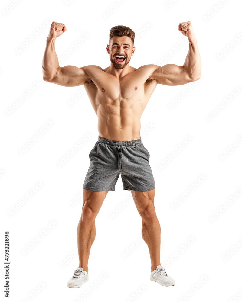 Fit man showing muscles and body isolated on transparent background