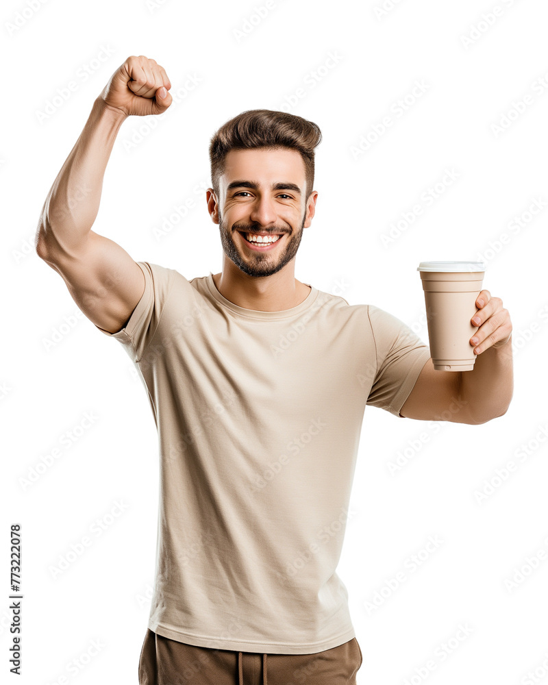 Young handsome bodybuilder showing his muscles and taking protein shake Young handsome bodybuilder showing his muscles and taking protein shake