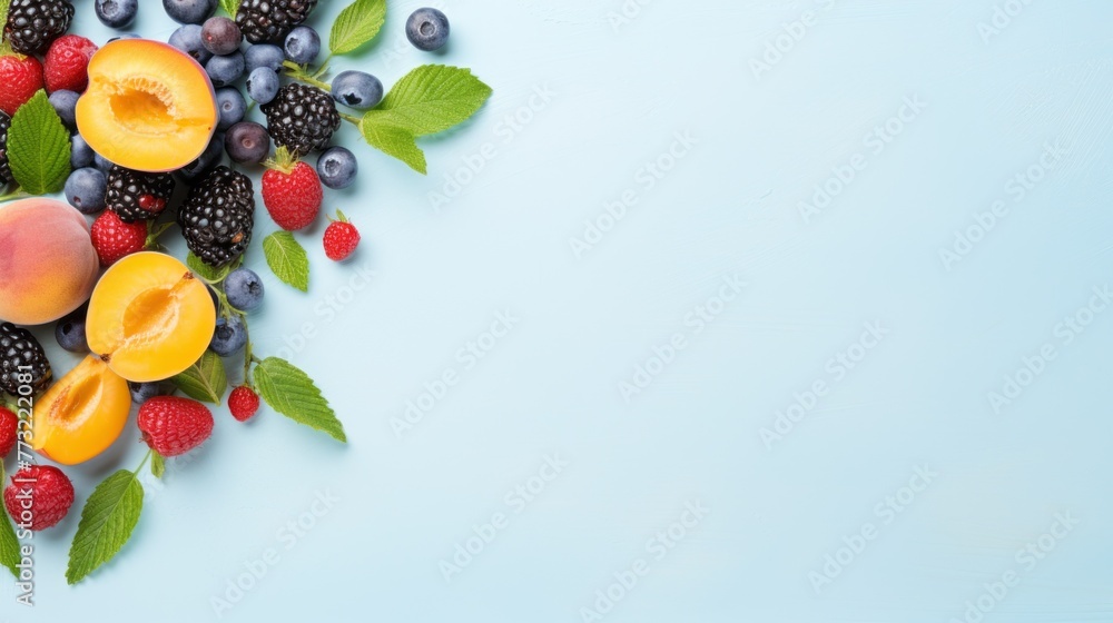 Top view of various summer vitamin fruits and berries: peach, mint, blueberry, strawberry, blackberry, raspberry on a light blue background with a copy space. Refreshing healthy Food, Organic Products