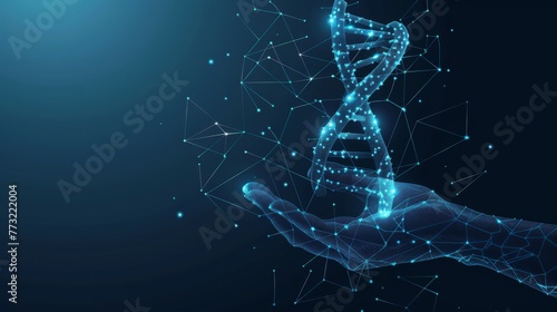 Low polygon design of DNA in a doctor's hand on a blue background.