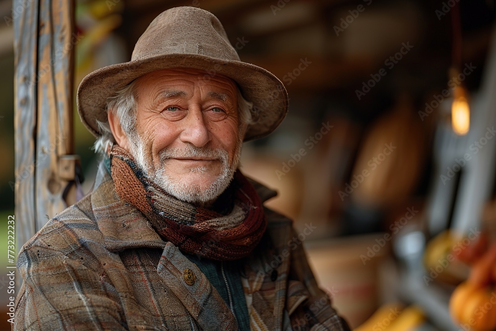 Old school farmer smiling on his farm