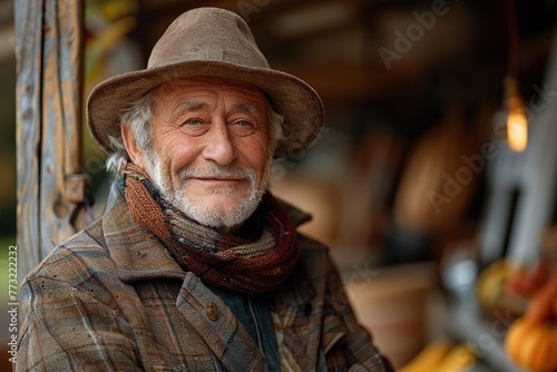 Old school farmer smiling on his farm