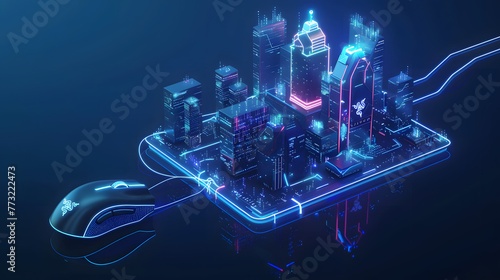 Réseau de ville intelligente : une illustration filaire Low Poly des connexions Wi-Fi, de l'automatisation des bâtiments et des cartes informatiques sur fond bleu foncé photo