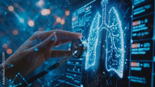 Medical technology diagnostics concept.The stethoscope of a doctor and the hand of a medical professional working on a Ui virtual screen to treat the lungs of human beings. photo