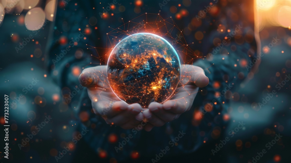 This image depicts a woman holding global network connections and technology that has been innovative in science and virtual reality communication. NASA provided elements of this image. - obrazy, fototapety, plakaty 