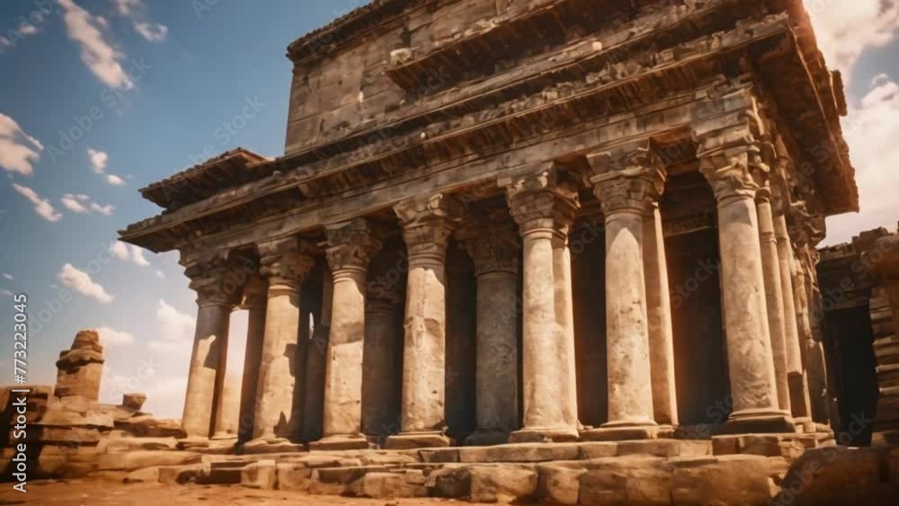 Panorama of the ancient Roman temple of Bacchus with ruins and surrounding city Panorama of the ancient Roman temple of Bacchus with ruins and surrounding city