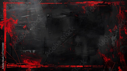 Vibrant red brushstrokes arranged in rectangular lines on rugged black wall, red grunge border motif on dark backdrop
