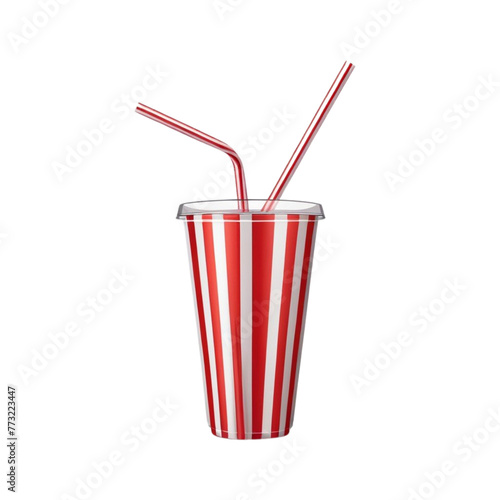 Red striped red striped paper glass with drinking straw on Isolated transparent background png. generated with AI