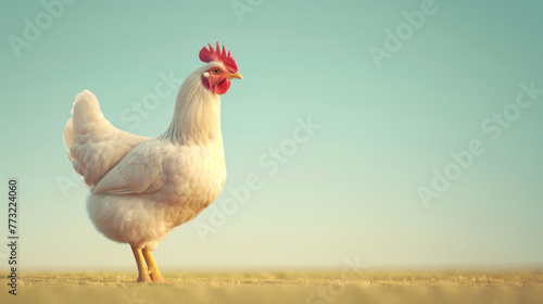A calm white chicken stands in a tranquil farm setting, bathed in the warm light of early morning.