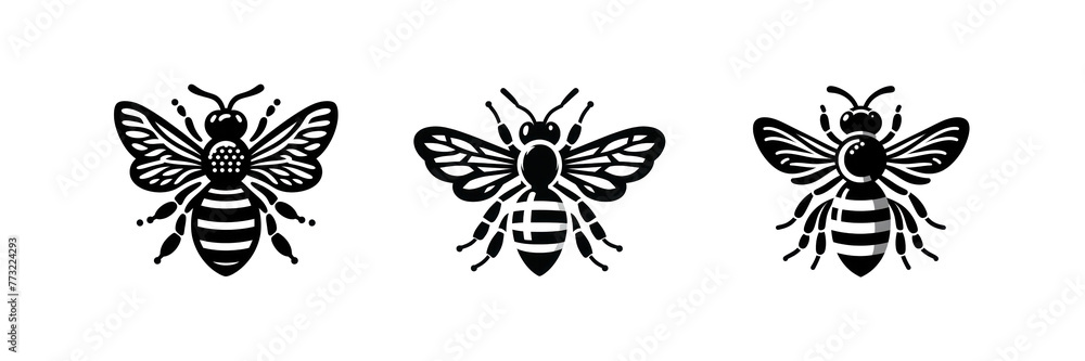 Set of Silhouette icon of Honey bee vector illustration, isolated over on transparent white background Set of Silhouette icon of Honey bee vector illustration, isolated over on transparent white background