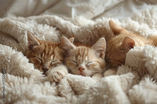 Cats sleep together on white fluffy bed, animal, love, family concept