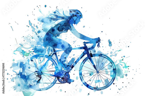 Blue watercolor painting of side view woman cyclist in road bike © Ema