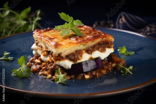 Delicious moussaka on a ceramic tile against a denim fabric background