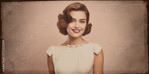 elegant woman smiling with old-fashioned style isolated on vintage grunge copy space background
