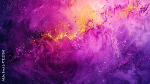 Vibrant purple and gold abstract painting, with fluid and dynamic patterns creating luxurious and artistic background. Ideal for creative design space or artistic expression.
