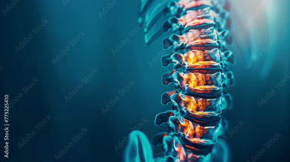 An X-ray of the human spine against a blue background. The neck spine highlighted in yellow-red indicates areas of concern. Depicting medical examinations for spinal injuries - obrazy, fototapety, plakaty 