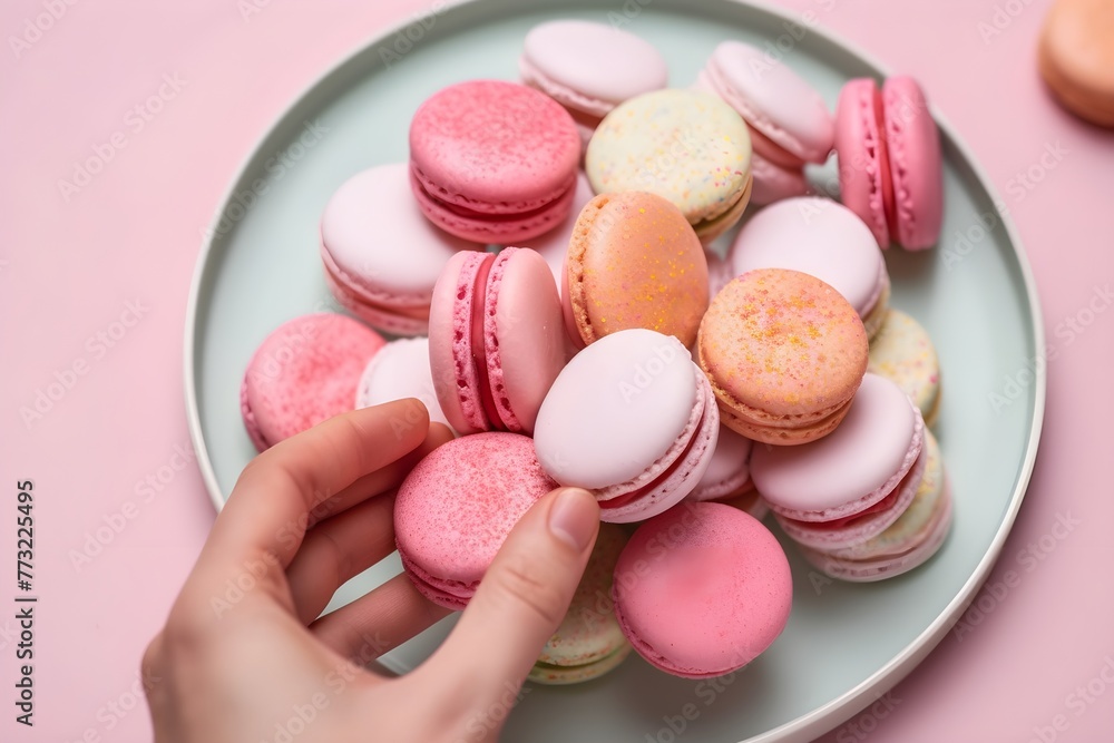 A hand reaching out to grab Colorful pink, yellow and green pastel macaroons stacked on top of one another on a mint green plate background wallpaper banner desert shop concept pink background A hand reaching out to grab Colorful pink, yellow and green pastel macaroons stacked on top of one another on a mint green plate background wallpaper banner desert shop concept pink background
