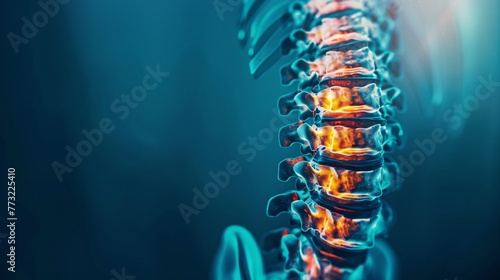 An X-ray of the human spine against a blue background. The neck spine highlighted in yellow-red indicates areas of concern. Depicting medical examinations for spinal injuries