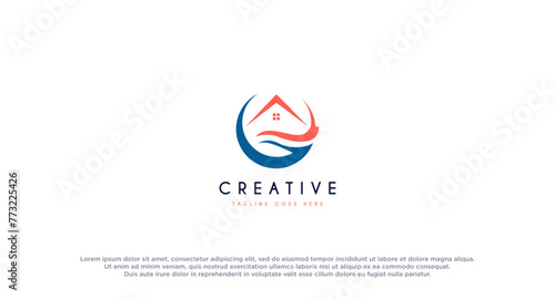 Wave with house for resort or vila logo design vector illustration.