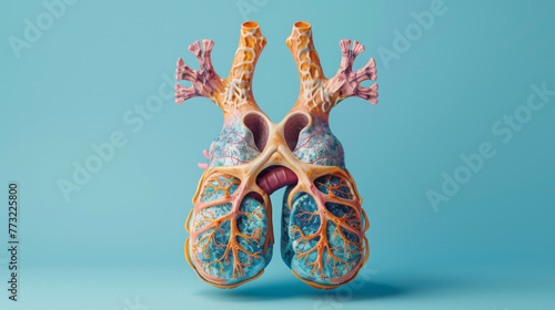 A highly detailed anatomical model of the human heart for educational use, set on a light blue background. photo