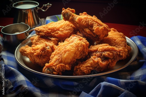 Delicious fried chicken on a metal tray against a denim fabric background