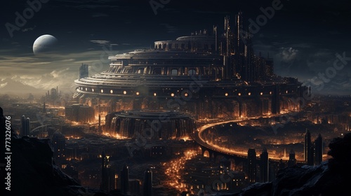 A magazine-style image portraying the Roman coliseum not as a relic but as a contemporary beacon for space shuttles photo