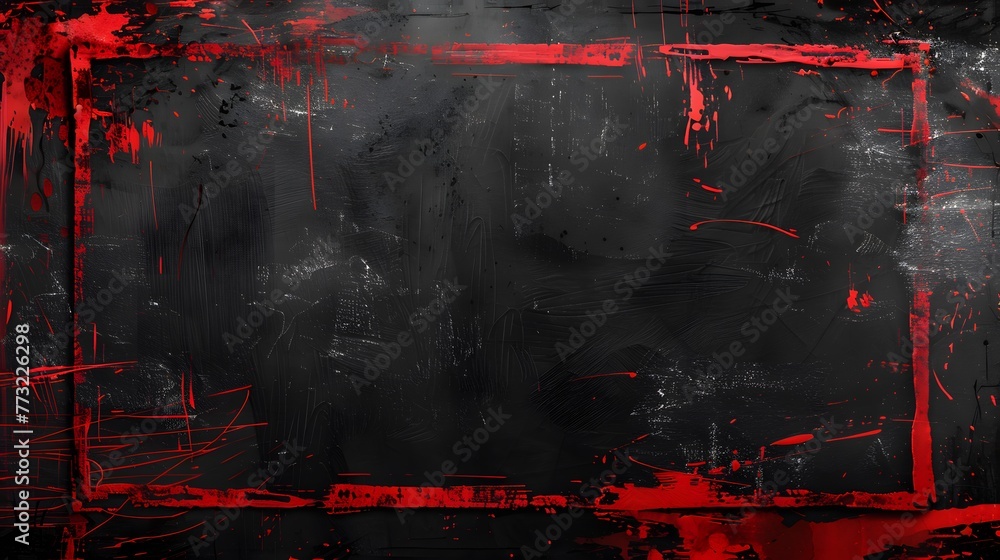 Dynamic red paint strokes in rectangular lines on rugged black wall, red grunge frame design on black background Dynamic red paint strokes in rectangular lines on rugged black wall, red grunge frame design on black background