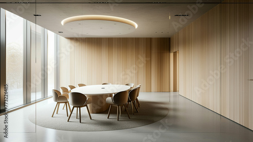 A chic and minimalist office meeting room, elegantly furnished with a round table and chairs, boasting an innovative, invisible door for a seamless and stylish interior.
