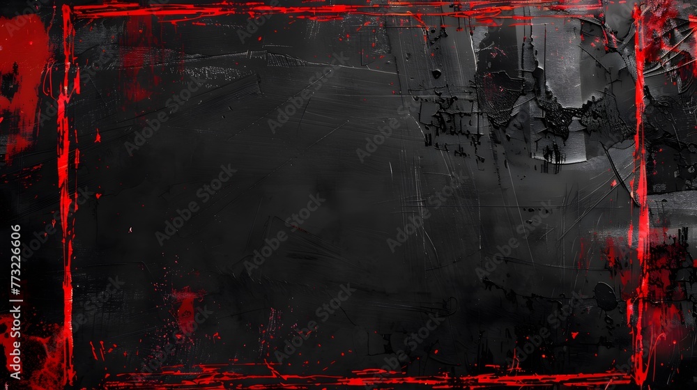 Naklejka premium Vibrant red brushstrokes arranged in rectangular arrangements on rugged black wall, red grunge frame texture on dark backdrop