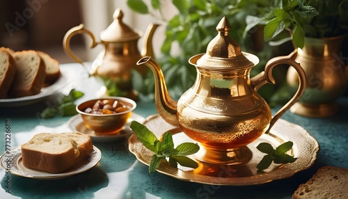 Golden teapot with mint photo