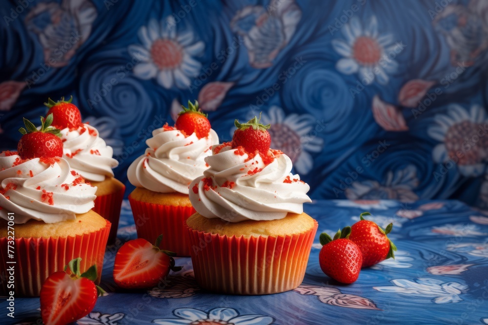 Juicy cupcakes on a ceramic tile against a denim fabric background Juicy cupcakes on a ceramic tile against a denim fabric background