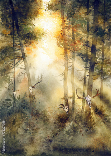 Watercolor painting of a forest with trees and deer skulls, sacred holy grove, pagan, shamanic wall art print