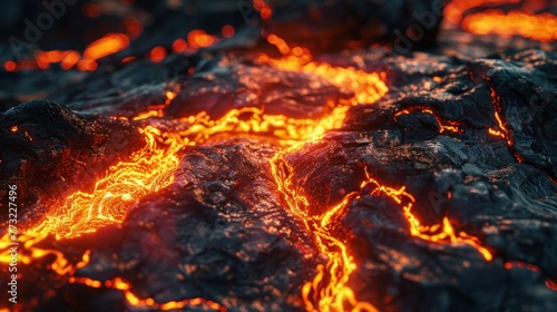 Molten lava texture flowing like fiery river on rocky background