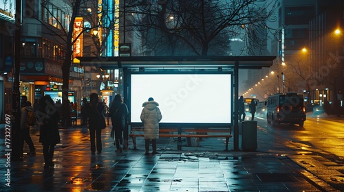 White billboard mockup at bus stop on city street for ads  urban concepts  and presentations.