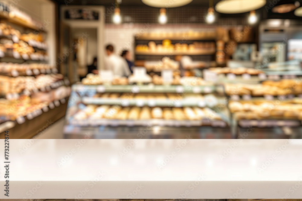 Blurred background of a modern bakery shop interior with a counter and display case full of delicious pastries, cakes, and breads. Shop staff are working behind the glass cabinet in a blurred motion.