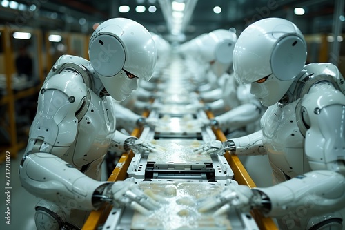 Modern robots in a row at assembly line