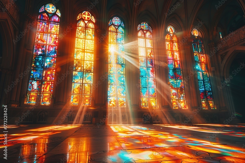 Obraz premium Sun rays pierce through stained glass windows in a Church