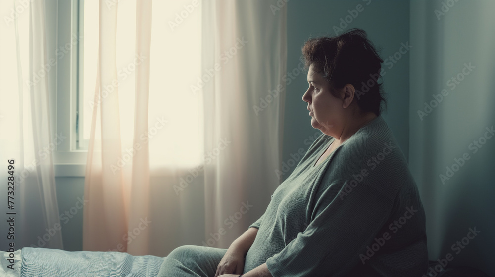 Mulher acima do peso sentada na cama em depressão e tristeza  - obrazy, fototapety, plakaty 