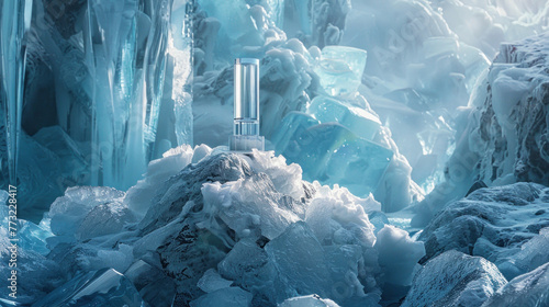 Product display on icy formation backdrop
