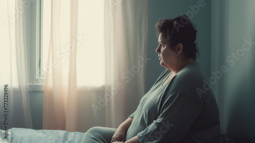 Mulher acima do peso sentada na cama em depressão e tristeza  photo