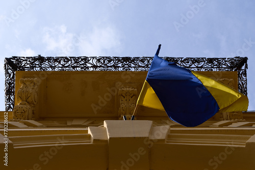 Lviv / Ukraine: Sky view with Ukrainian flag and balcony