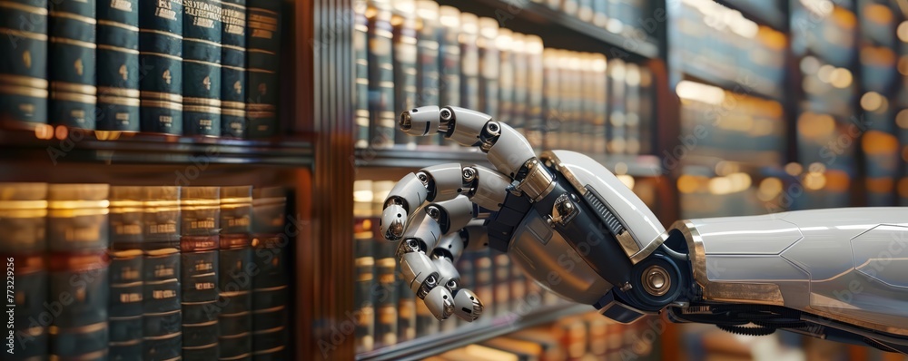 Robot hand interacting with a virtual interface of legal databases, highlighting AI law sections, amidst the traditional setting of a lawyer's office
