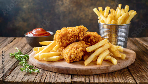 Crispy fried chicken tenders and french fries on wooden table.