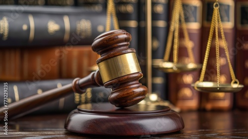 Close-up of a gavel on legal books, the golden scale of justice gleaming softly in the background