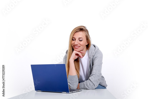 girl with laptop on white background