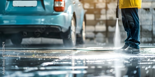 Workers using pressure washer for deep cleaning driveway in professional cleaning service. Concept Pressure Washing, Driveway Cleaning, Professional Services, Workers in Action, Deep Cleaning photo