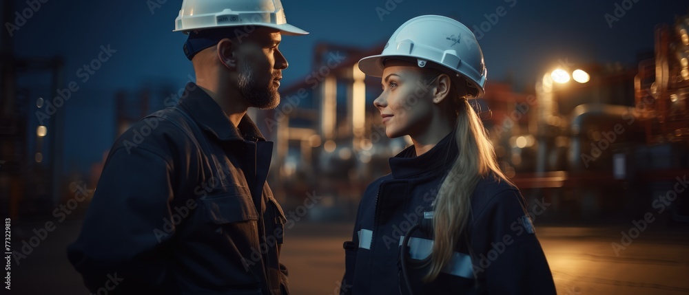 man engineer with woman in uniform working and check outside factory of Large oil pipeline and gas pipeline in the process of oil refining and the movement of oil and gas, Generative AI man engineer with woman in uniform working and check outside factory of Large oil pipeline and gas pipeline in the process of oil refining and the movement of oil and gas, Generative AI